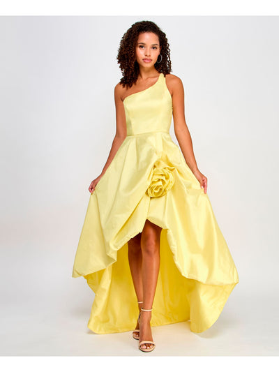 VIOLET WEEKEND Womens Yellow Zippered Lined Rosette Accent Hi-lo Hem Sleeveless Asymmetrical Neckline Full-Length Prom Gown Dress Juniors 3\4