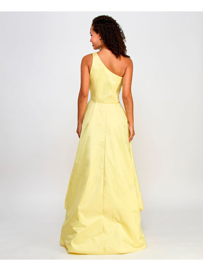 VIOLET WEEKEND Womens Yellow Zippered Lined Rosette Accent Hi-lo Hem Sleeveless Asymmetrical Neckline Full-Length Prom Gown Dress Juniors 13\14