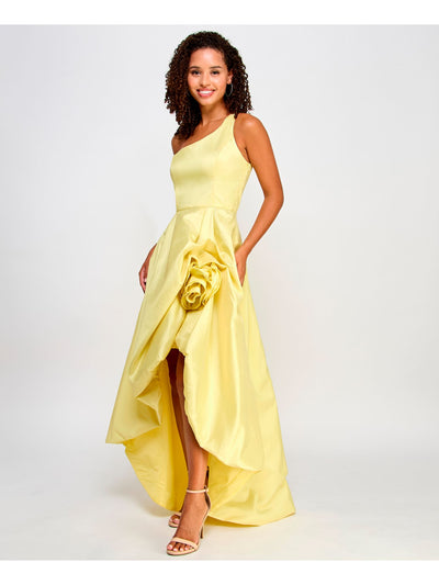 VIOLET WEEKEND Womens Yellow Zippered Lined Rosette Accent Hi-lo Hem Sleeveless Asymmetrical Neckline Full-Length Prom Gown Dress Juniors 13\14