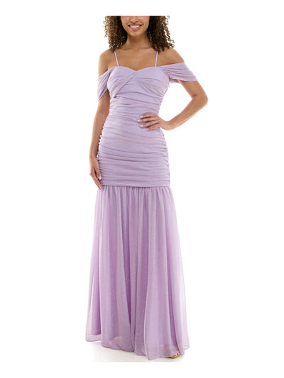VIOLET WEEKEND Womens Purple Glitter Ruched Rouched Cold Shoulder Lined Adju Spaghetti Strap Sweetheart Neckline Full-Length Formal Mermaid Dress Juniors 9\10