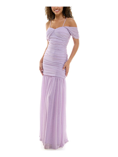 VIOLET WEEKEND Womens Purple Glitter Ruched Rouched Cold Shoulder Lined Adju Spaghetti Strap Sweetheart Neckline Full-Length Formal Mermaid Dress Juniors 9\10