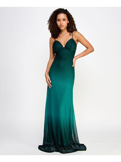 VIOLET WEEKEND Womens Green Zippered Lined Lace-up Open Back Ombre Spaghetti Strap V Neck Full-Length Prom Gown Dress Juniors 0