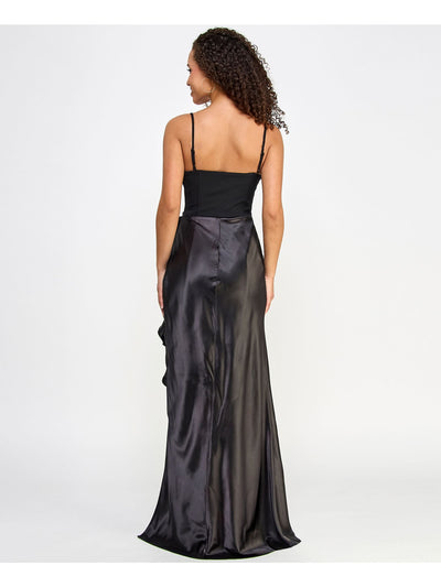 CITY STUDIO Womens Black Zippered Cascading Ruffle And Slit Bow Ac Spaghetti Strap Square Neck Full-Length Formal Gown Dress Juniors 1\2