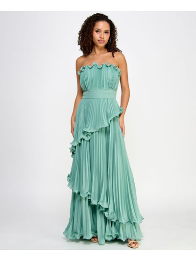 SPEECHLESS Womens Green Pleated Zippered Asymmetric Tiered Lined Cabbage Sleeveless Strapless Full-Length Formal Gown Dress Juniors 15