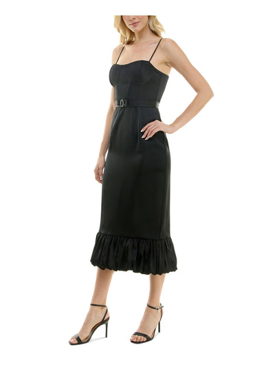 TAYLOR Womens Black Adjustable Ruffled Padded Boning Belted Zippered Spaghetti Strap Sweetheart Neckline Below The Knee Cocktail Gown Dress 14