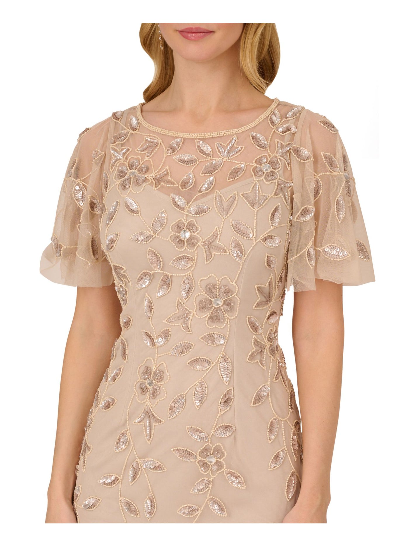 ADRIANNA PAPELL Womens Beige Embellished Zippered Lined Mesh Floral Flutter Sleeve Illusion Neckline Short Evening Sheath Dress 6