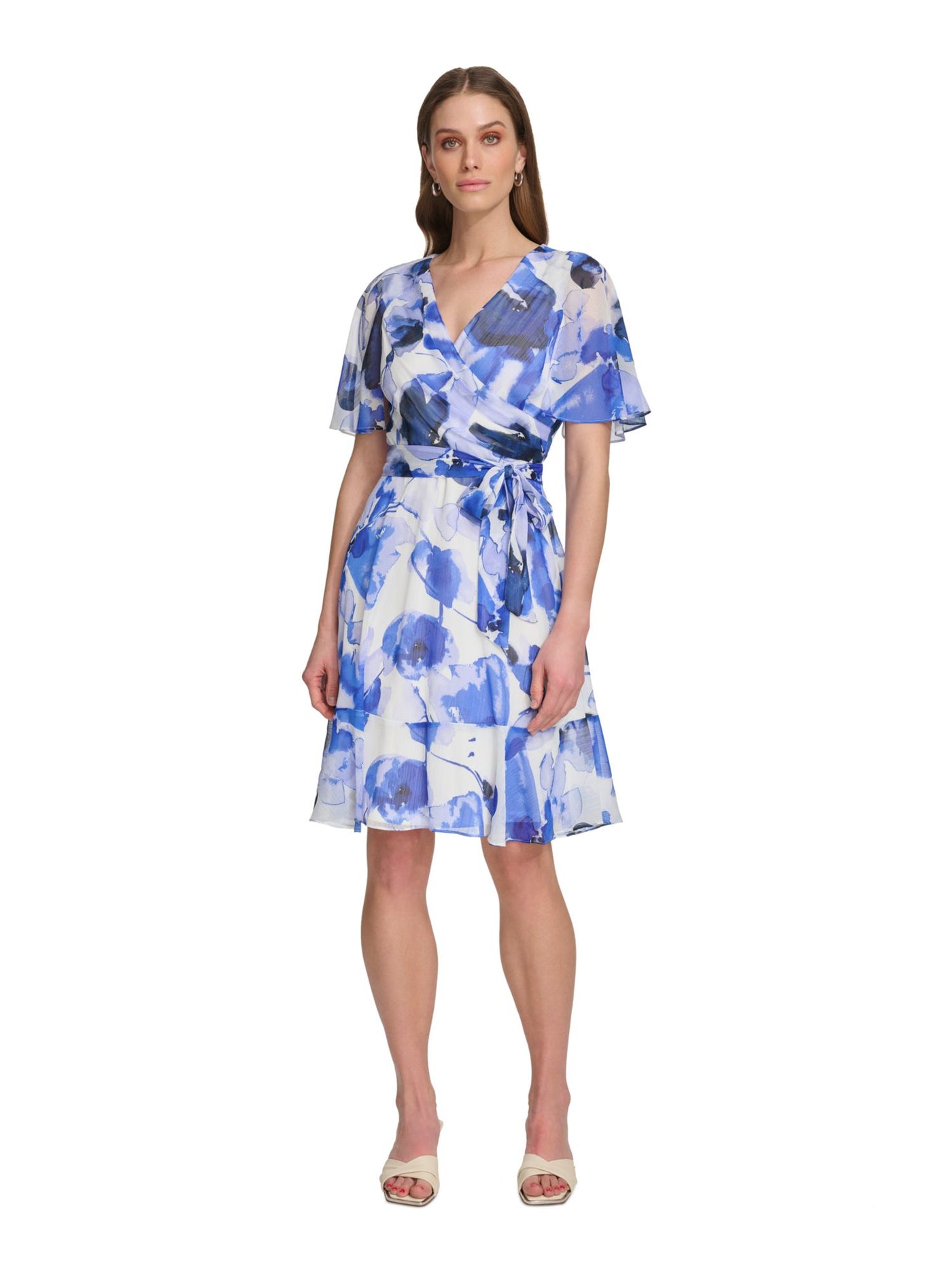 DKNY Womens Blue Pleated Zippered Tie-belt Lined Printed Flutter Sleeve Surplice Neckline Knee Length Wear To Work Fit + Flare Dress 12