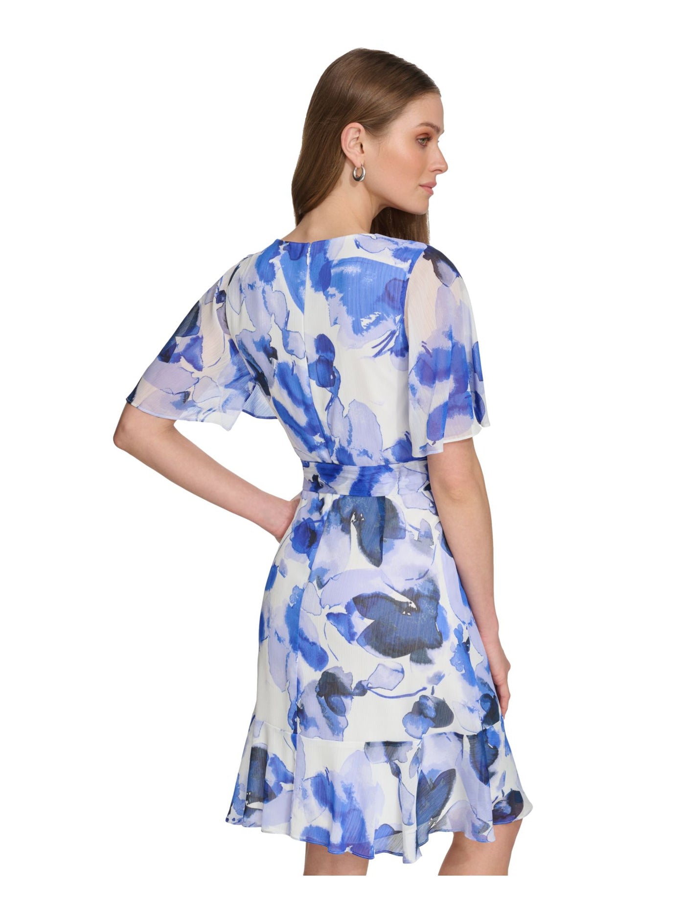 DKNY Womens Blue Pleated Zippered Tie-belt Lined Printed Flutter Sleeve Surplice Neckline Knee Length Wear To Work Fit + Flare Dress 12