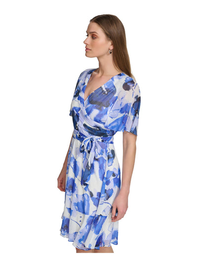 DKNY Womens Blue Pleated Zippered Tie-belt Lined Printed Flutter Sleeve Surplice Neckline Knee Length Wear To Work Fit + Flare Dress 12