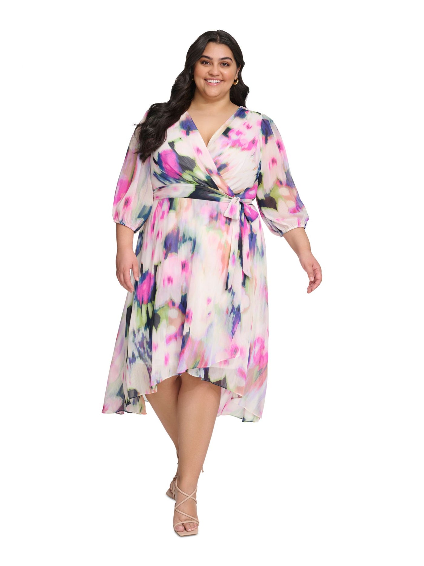 DKNY Womens White Pleated Zippered Tie-belt Hi-lo Hem Lined Printed Balloon Sleeve Surplice Neckline Midi Wear To Work Faux Wrap Dress Plus 22W