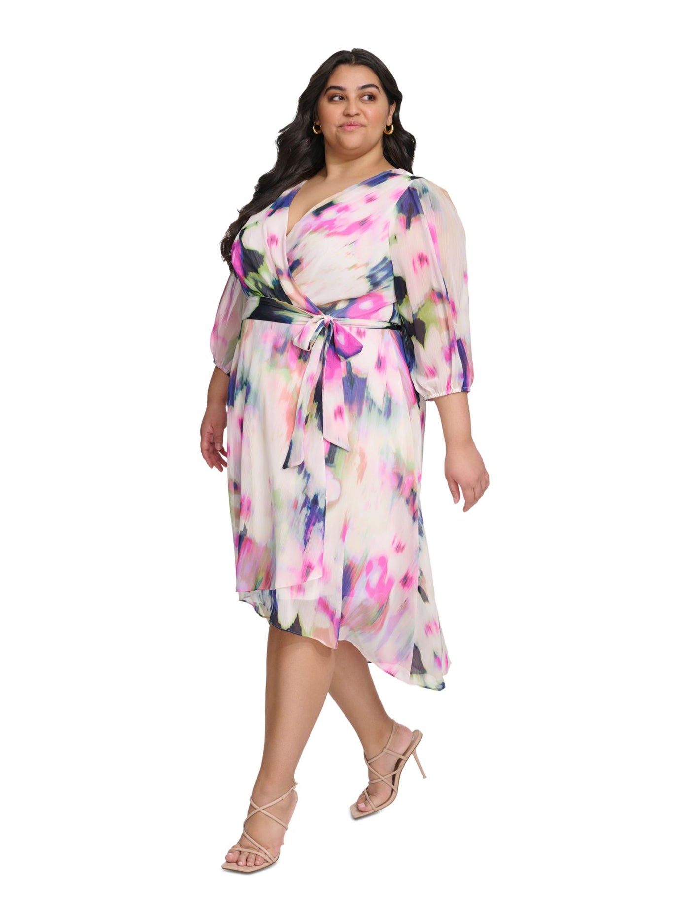 DKNY Womens White Pleated Zippered Tie-belt Hi-lo Hem Lined Printed Balloon Sleeve Surplice Neckline Midi Wear To Work Faux Wrap Dress Plus 22W