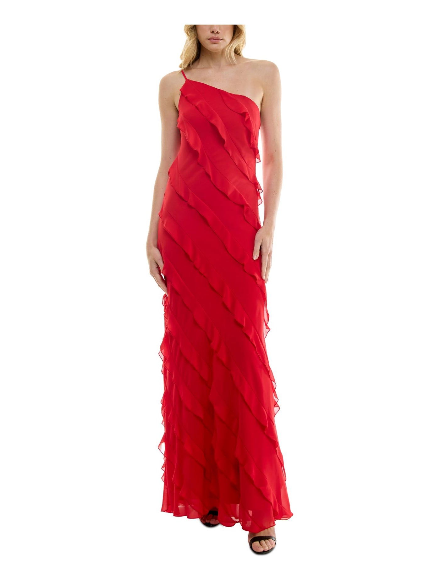 B DARLIN Womens Red Zippered Lined Asymmetric Tiered Ruffles Sleeveless Asymmetrical Neckline Full-Length Party Gown Dress Juniors 3\4