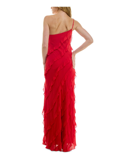 B DARLIN Womens Red Zippered Lined Asymmetric Tiered Ruffles Sleeveless Asymmetrical Neckline Full-Length Party Gown Dress Juniors 3\4