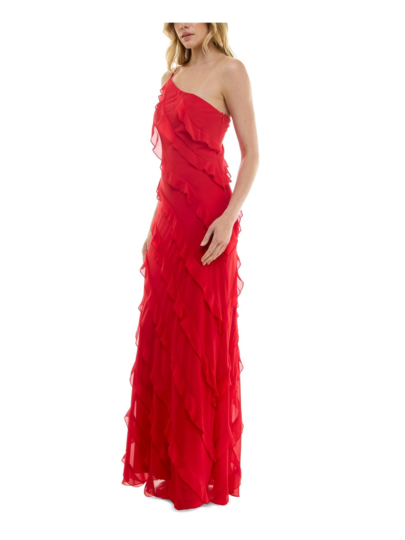 B DARLIN Womens Red Zippered Lined Asymmetric Tiered Ruffles Sleeveless Asymmetrical Neckline Full-Length Party Gown Dress Juniors 3\4