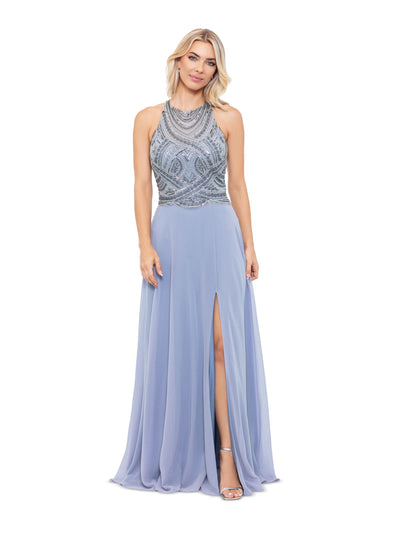 BETSY & ADAM Womens Gray Sequined Slitted Lined Zippered Hook And Cutout B Sleeveless Halter Full-Length Evening Sheath Dress 14