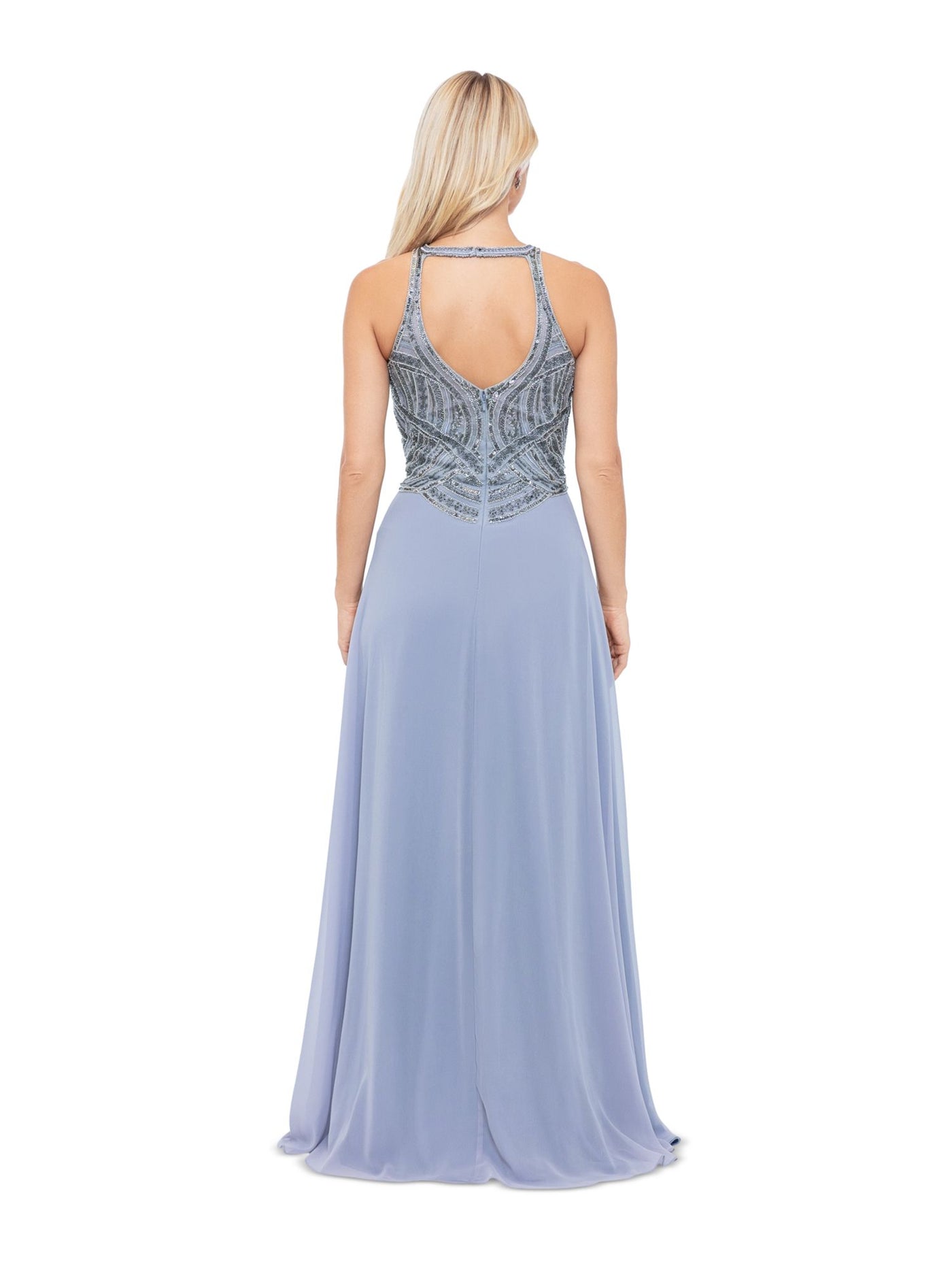 BETSY & ADAM Womens Gray Sequined Slitted Lined Zippered Hook And Cutout B Sleeveless Halter Full-Length Evening Sheath Dress 14