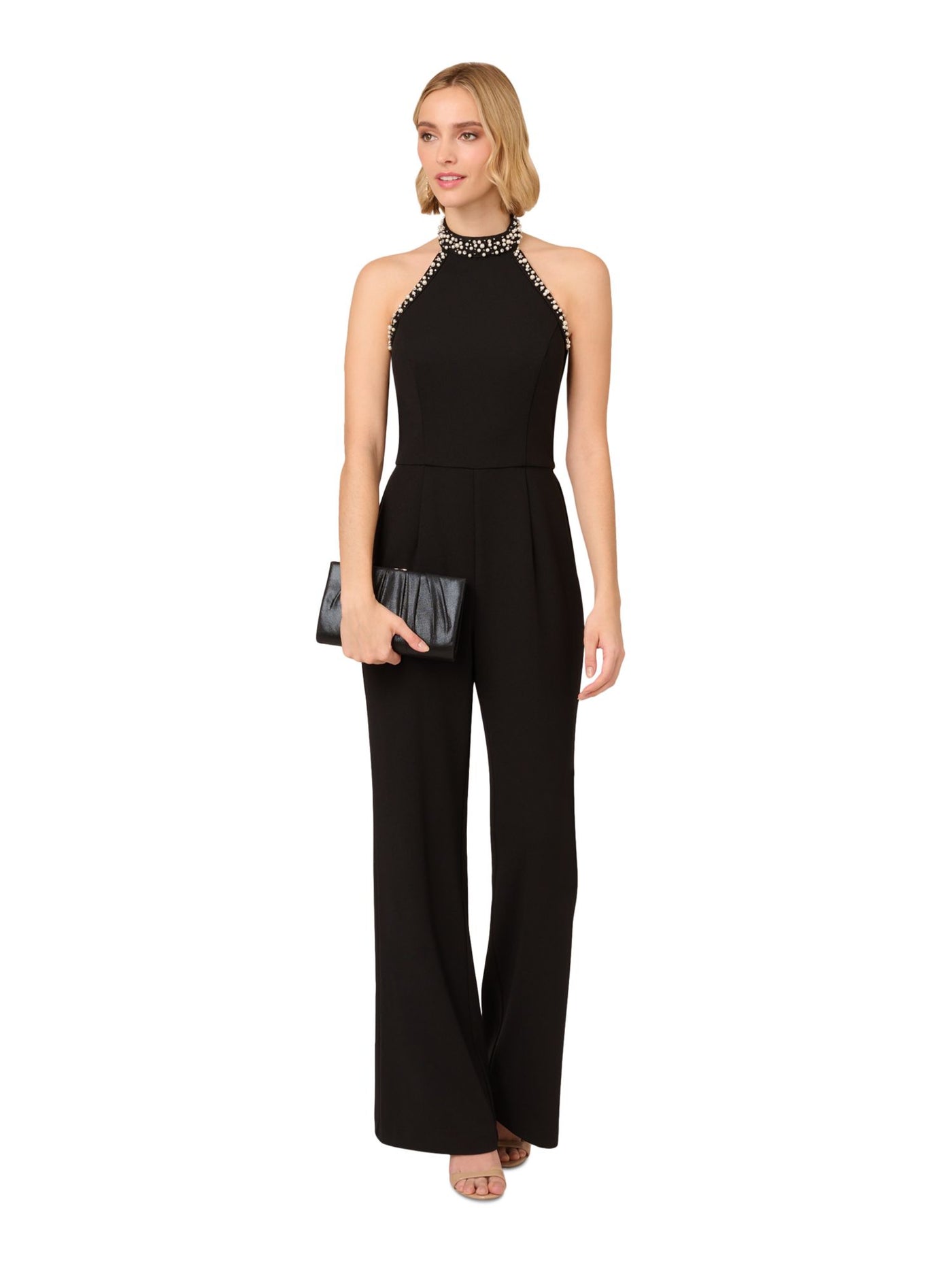 PAPELL STUDIO Womens Black Embellished Zippered Open Back Sleeveless Halter Cocktail Wide Leg Jumpsuit Petites 4P