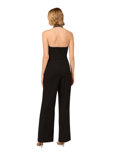 PAPELL STUDIO Womens Black Embellished Zippered Open Back Sleeveless Halter Cocktail Wide Leg Jumpsuit Petites 4P