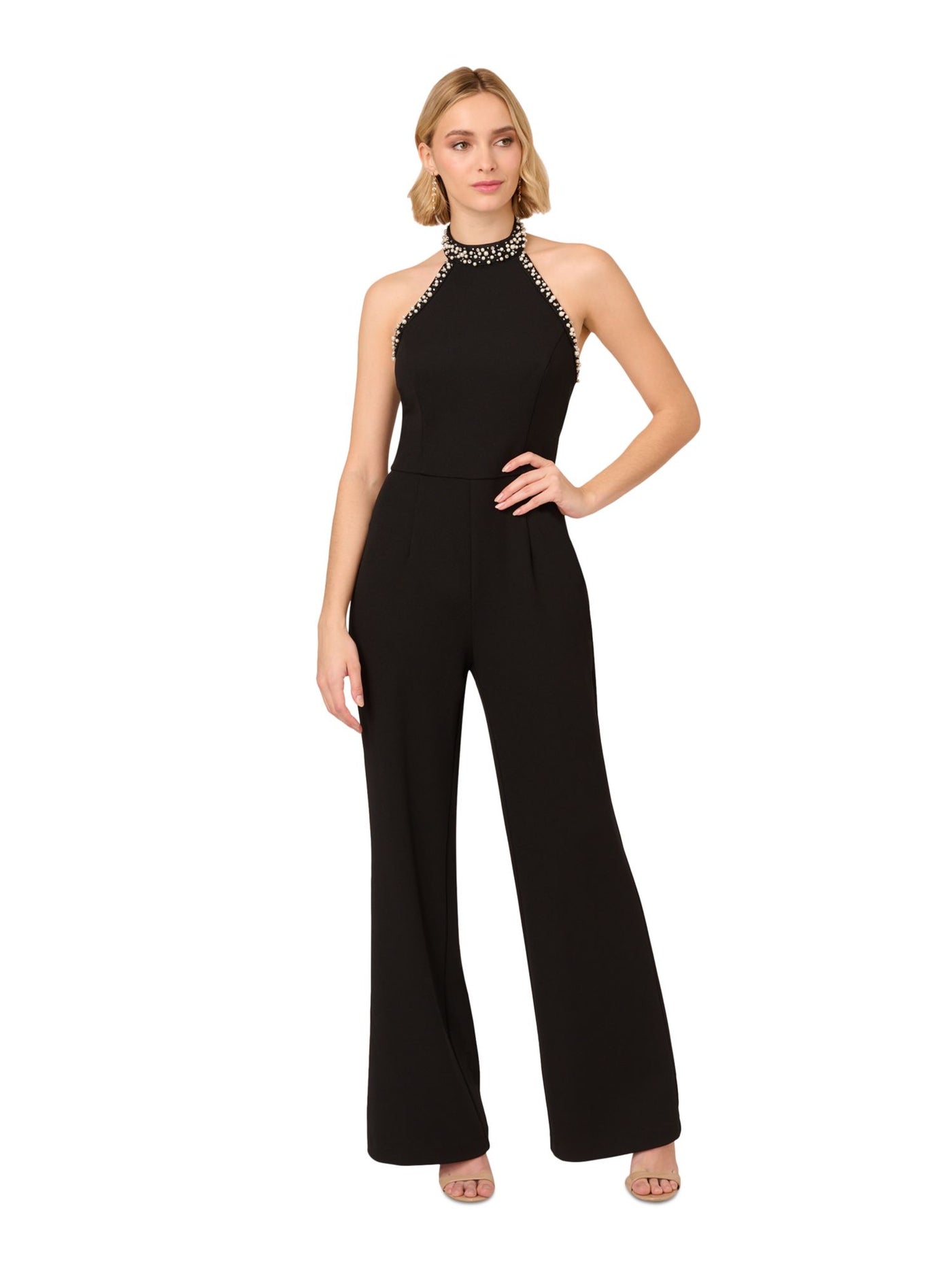 PAPELL STUDIO Womens Black Embellished Zippered Open Back Sleeveless Halter Cocktail Wide Leg Jumpsuit Petites 4P