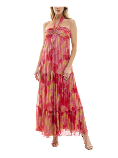 VIOLET WEEKEND Womens Pink Metallic Lined Side Zip Tiered Geometric Sleeveless Halter Maxi Empire Waist Dress Juniors 11\12