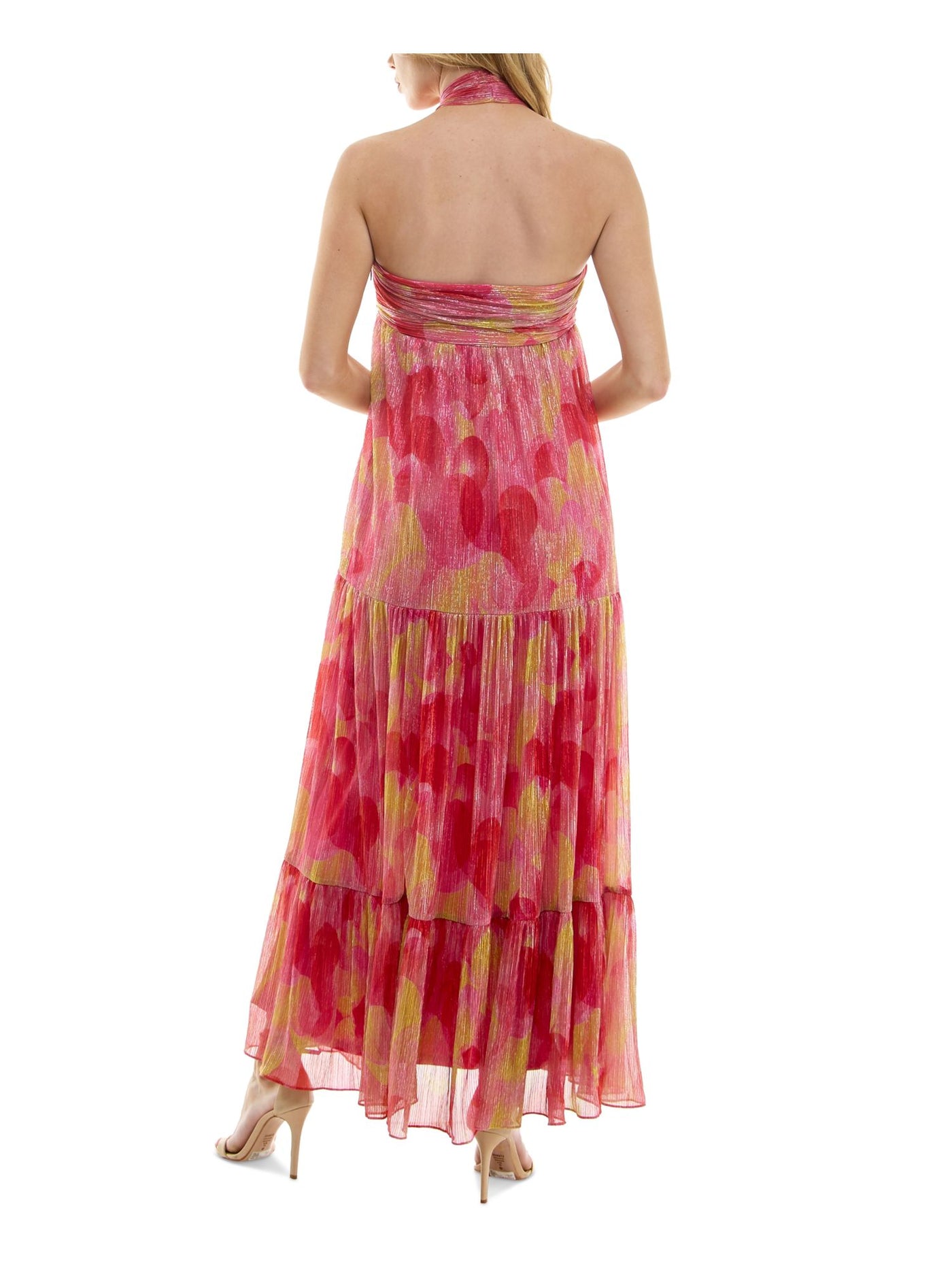 VIOLET WEEKEND Womens Pink Metallic Lined Side Zip Tiered Geometric Sleeveless Halter Maxi Empire Waist Dress Juniors 11\12