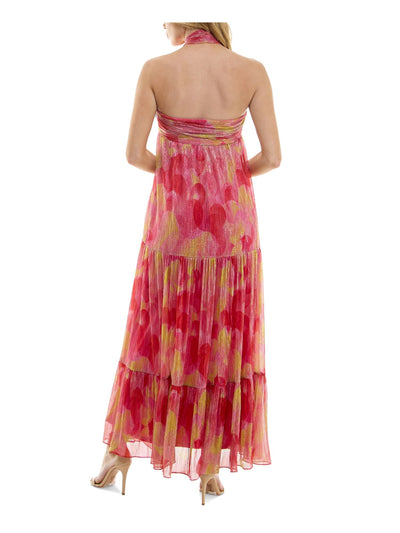 VIOLET WEEKEND Womens Pink Metallic Lined Side Zip Tiered Geometric Sleeveless Halter Maxi Empire Waist Dress Juniors 11\12