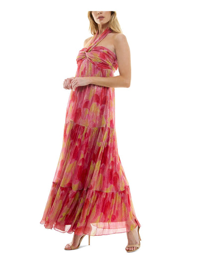 VIOLET WEEKEND Womens Pink Metallic Lined Side Zip Tiered Geometric Sleeveless Halter Maxi Empire Waist Dress Juniors 11\12