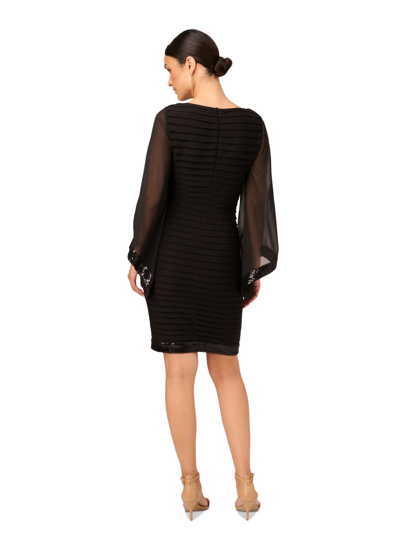 ADRIANNA PAPELL Womens Black Zippered Lined Banded Design Sequined Trim Long Sleeve Boat Neck Above The Knee Cocktail Sheath Dress 2