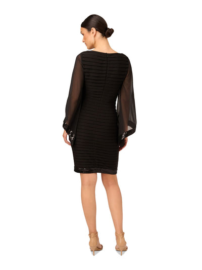 ADRIANNA PAPELL Womens Black Zippered Lined Banded Design Sequined Trim Long Sleeve Boat Neck Above The Knee Cocktail Sheath Dress 2