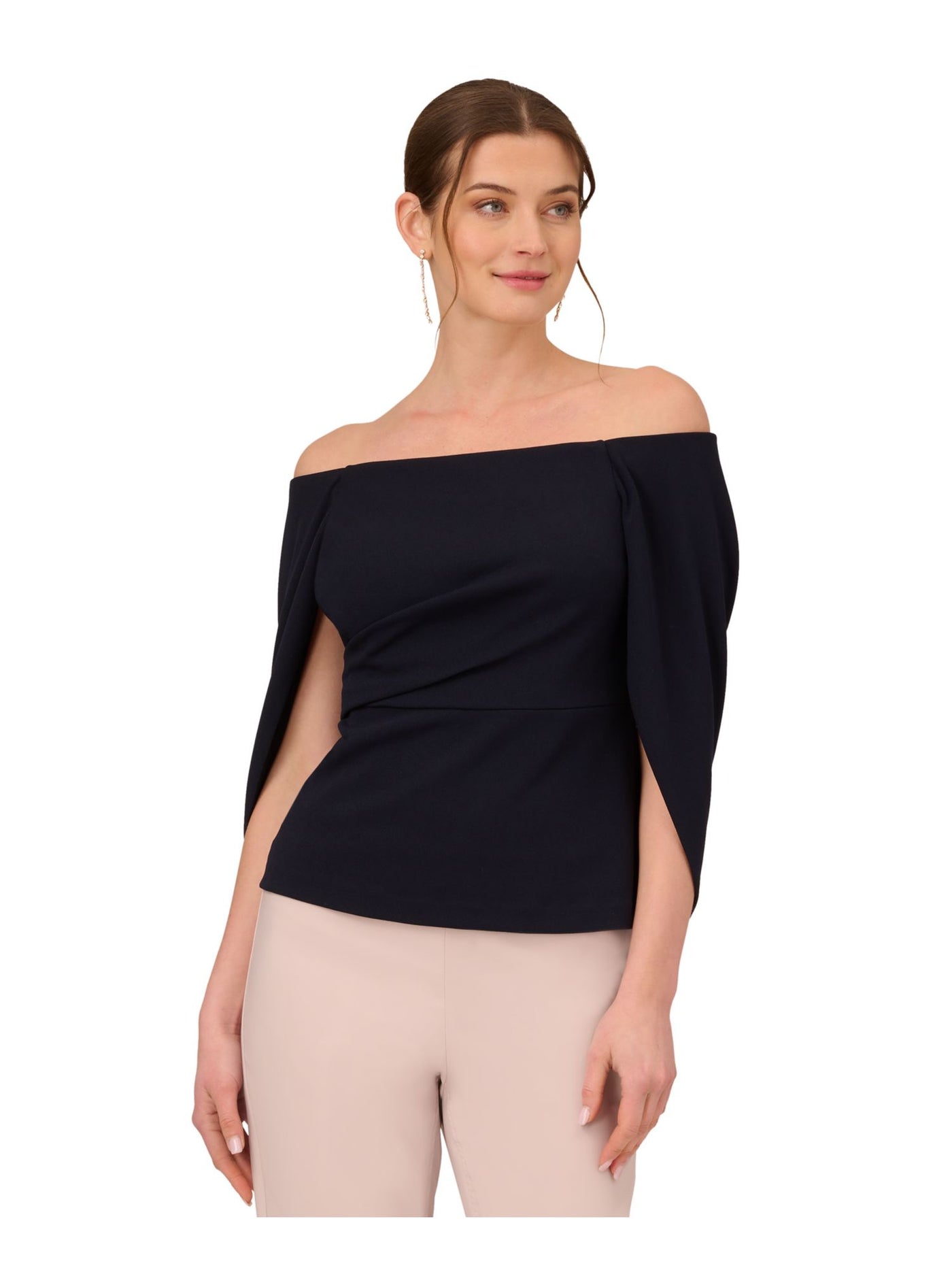 ADRIANNA PAPELL Womens Navy Zippered Cape Sleeve Off Shoulder Evening Top 2