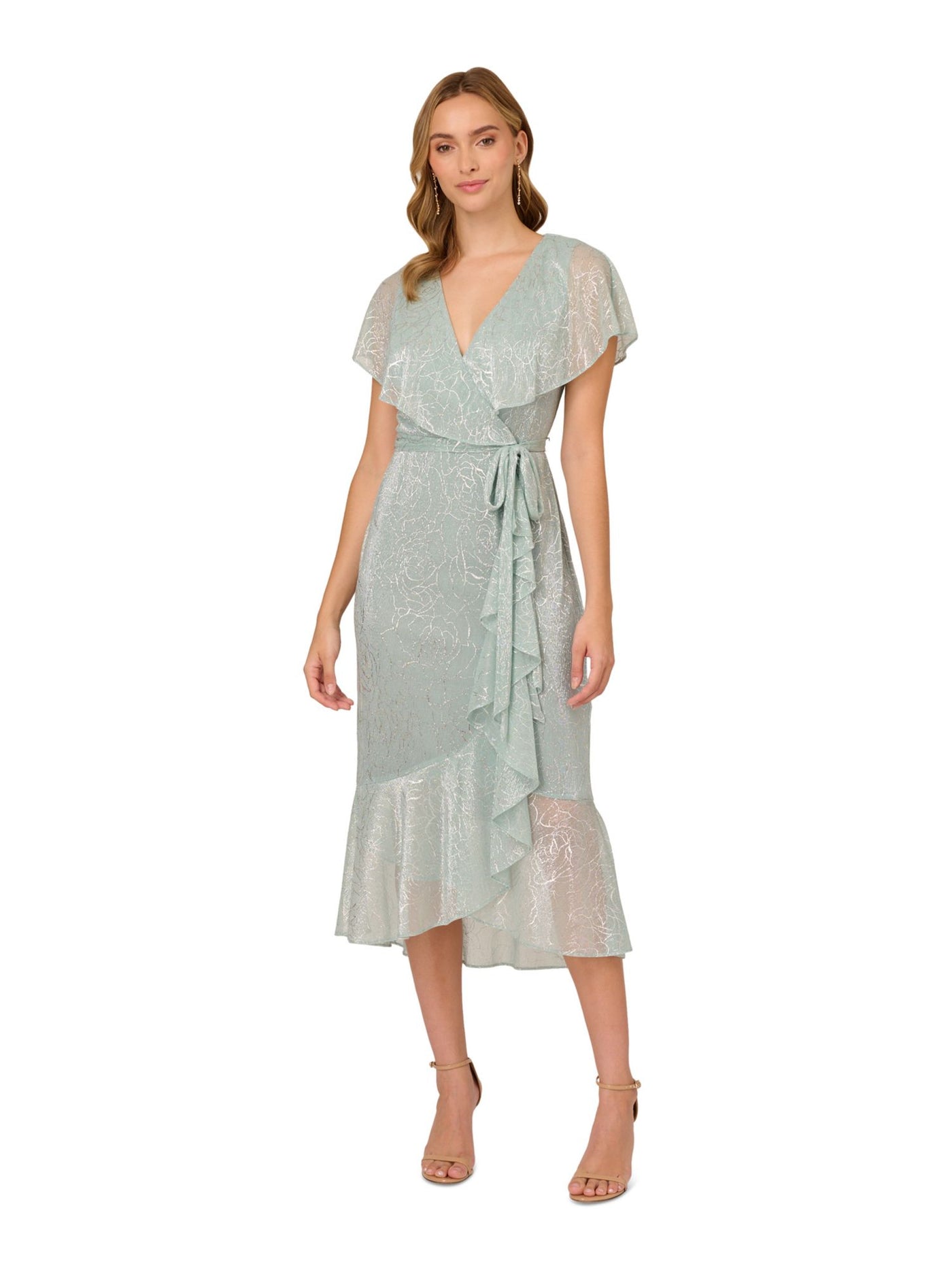 ADRIANNA PAPELL Womens Green Zippered Lined Metallic Belted Ruffled Capelet Floral Flutter Sleeve Surplice Neckline Midi Party Mermaid Dress 2