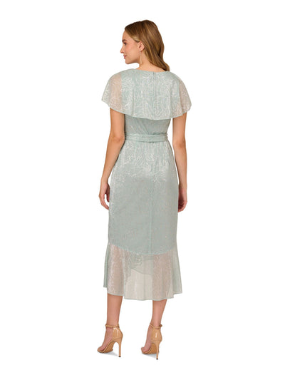 ADRIANNA PAPELL Womens Green Zippered Lined Metallic Belted Ruffled Capelet Floral Flutter Sleeve Surplice Neckline Midi Party Mermaid Dress 2