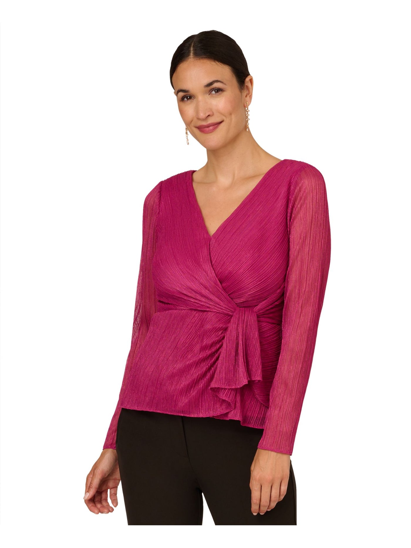ADRIANNA PAPELL Womens Pink Zippered Ruched Ruffled Tie Waist Long Sleeve Surplice Neckline Evening Faux Wrap Top 2