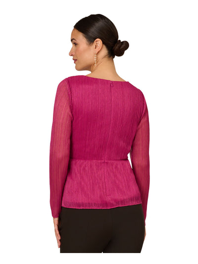ADRIANNA PAPELL Womens Pink Zippered Ruched Ruffled Tie Waist Long Sleeve Surplice Neckline Evening Faux Wrap Top 2