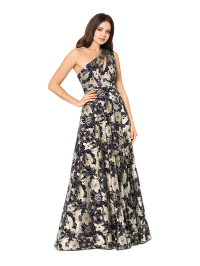 BETSY & ADAM Womens Navy Zippered Lined Metallic Floral Sleeveless Asymmetrical Neckline Full-Length Evening Gown Dress Petites 8P