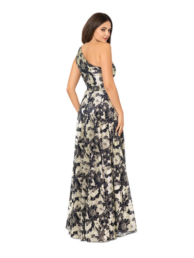 BETSY & ADAM Womens Navy Zippered Lined Metallic Floral Sleeveless Asymmetrical Neckline Full-Length Evening Gown Dress Petites 8P