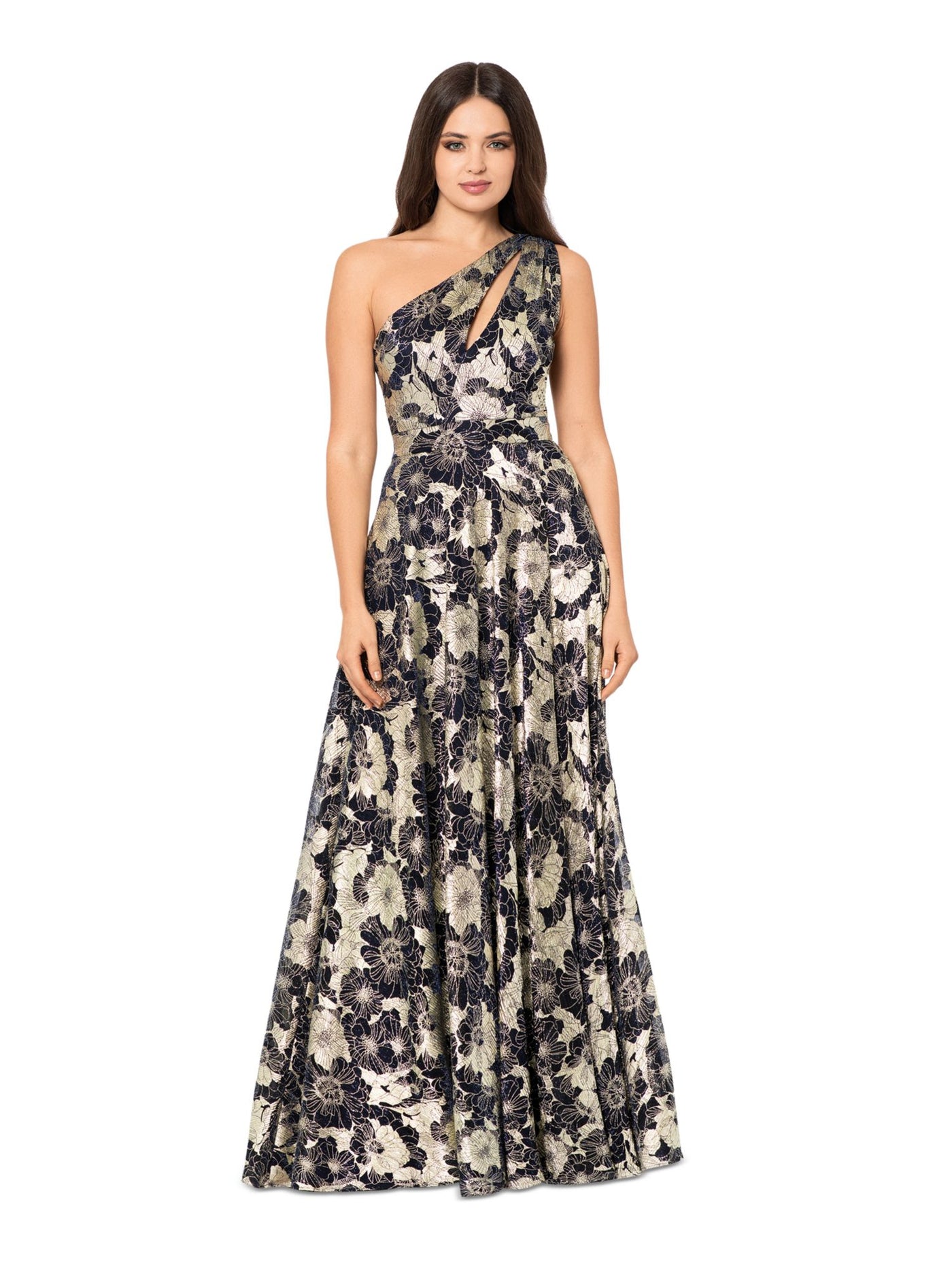 BETSY & ADAM Womens Navy Zippered Lined Metallic Floral Sleeveless Asymmetrical Neckline Full-Length Evening Gown Dress Petites 8P