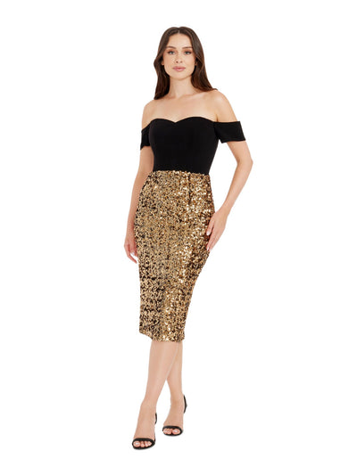 DRESS THE POPULATION Womens Gold Sequined Zippered Bodice Boning Slit Back Short Sleeve Off Shoulder Midi Evening Body Con Dress M