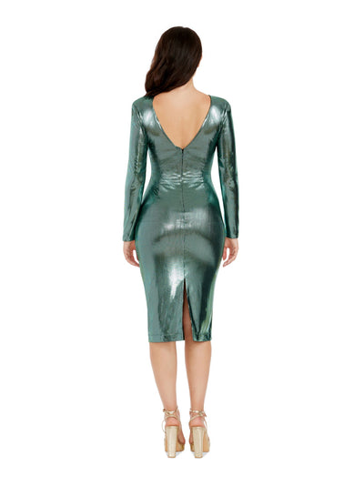 DRESS THE POPULATION Womens Green Ruched Zippered V-back Slit Back Hem Lined Long Sleeve V Neck Below The Knee Party Body Con Dress XL