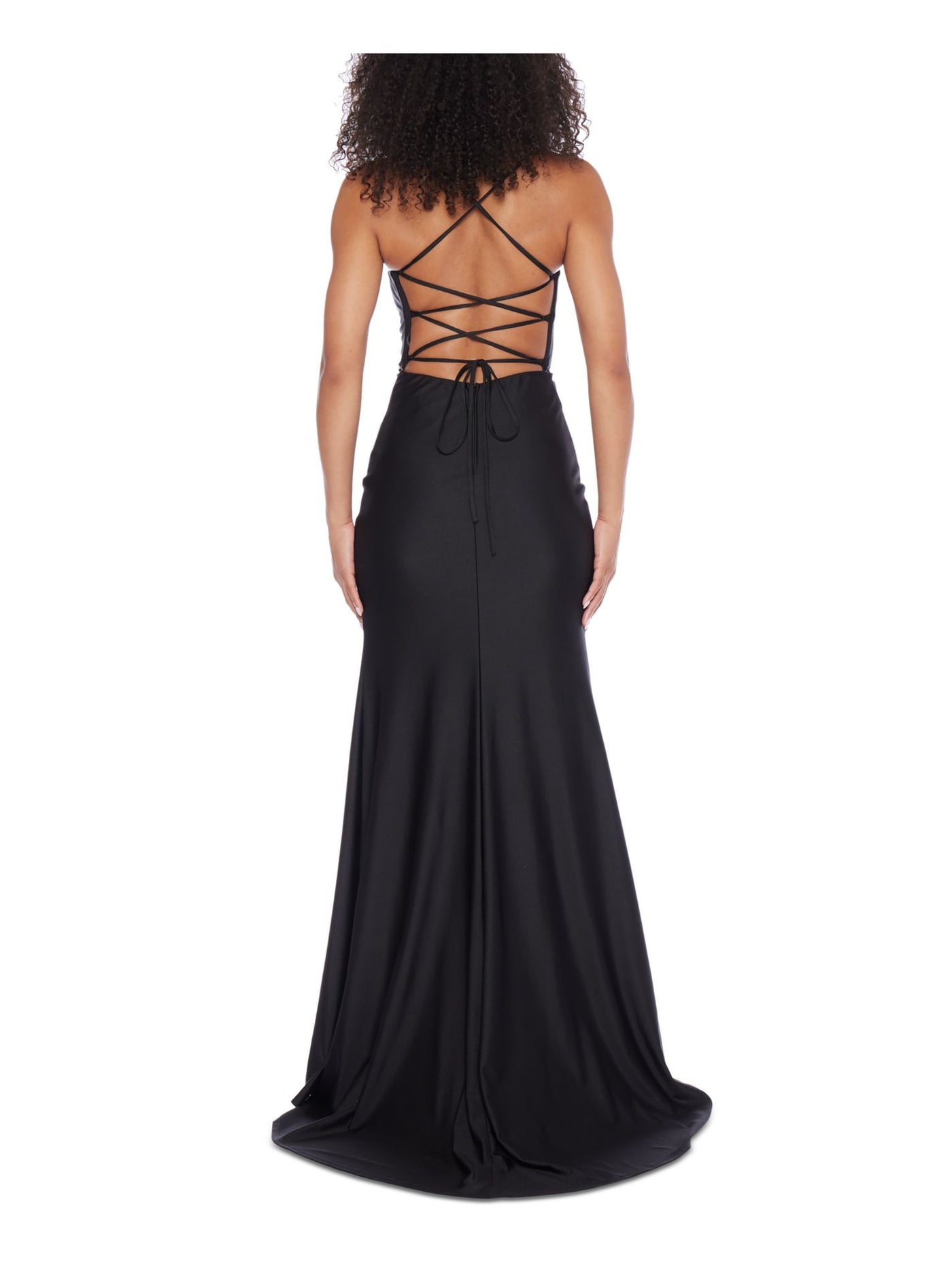 B DARLIN Womens Black Zippered Slitted Rhinestone-trim Lace-up Back Spaghetti Strap V Neck Full-Length Prom Gown Dress Juniors 3\4