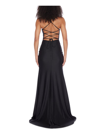 B DARLIN Womens Black Zippered Slitted Rhinestone-trim Lace-up Back Spaghetti Strap V Neck Full-Length Prom Gown Dress Juniors 3\4