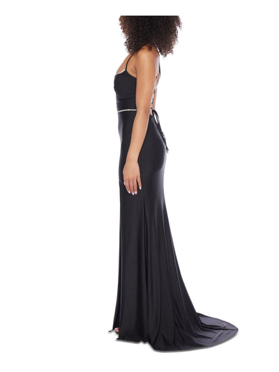 B DARLIN Womens Black Zippered Slitted Rhinestone-trim Lace-up Back Spaghetti Strap V Neck Full-Length Prom Gown Dress Juniors 3\4