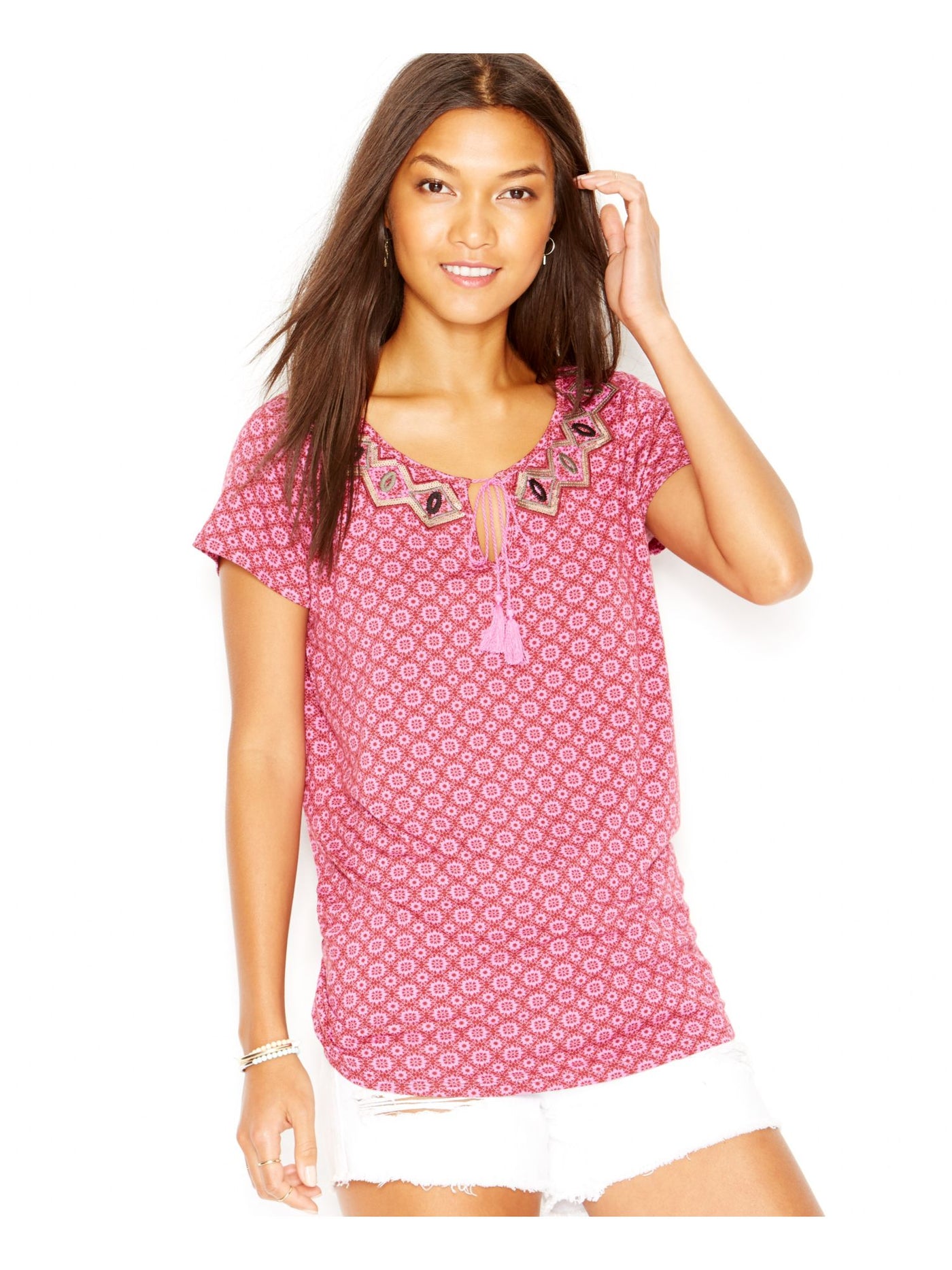 SANCTUARY Womens Pink Sequined Printed Cap Sleeve Keyhole T-Shirt Size: XS
