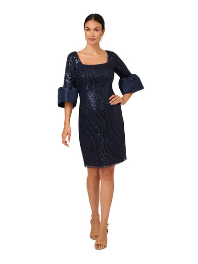 ADRIANNA PAPELL Womens Navy Sequined Zippered Lined Lace Bell Sleeve Square Neck Above The Knee Cocktail Sheath Dress 2