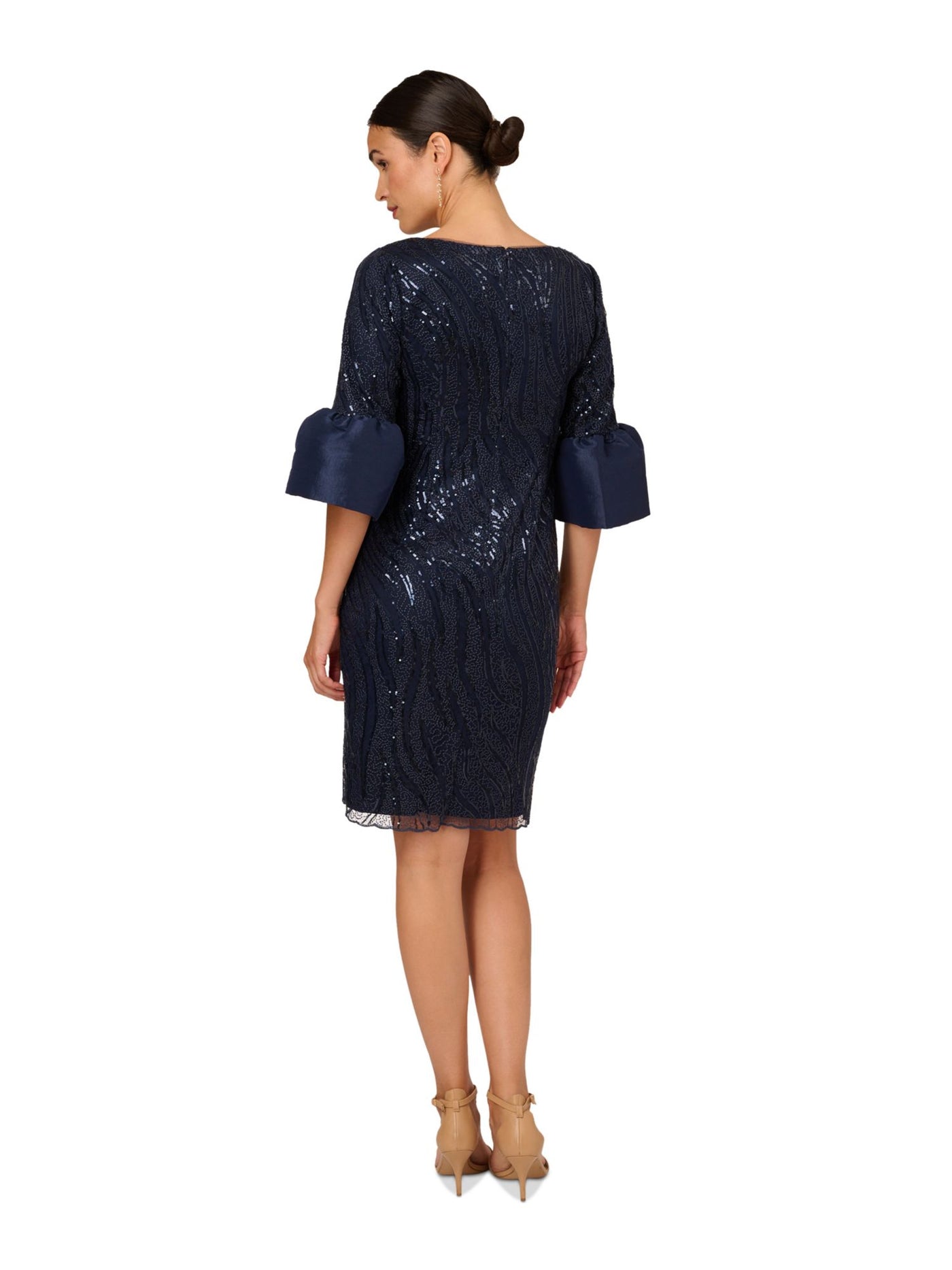 ADRIANNA PAPELL Womens Navy Sequined Zippered Lined Lace Bell Sleeve Square Neck Above The Knee Cocktail Sheath Dress 2