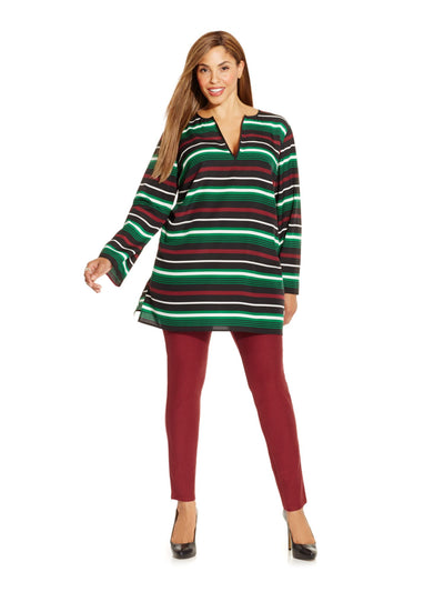 MICHAEL KORS Womens Green Sheer Pullover Vented Round Hem Striped Long Sleeve Split Tunic Top Plus 0X