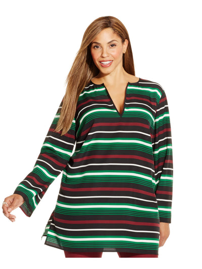MICHAEL KORS Womens Green Sheer Pullover Vented Round Hem Striped Long Sleeve Split Tunic Top Plus 0X