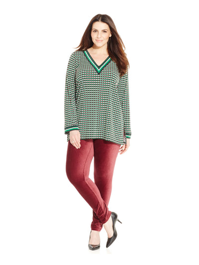 MICHAEL KORS Womens Green Geometric Long Sleeve V Neck Tunic Top Plus 0X