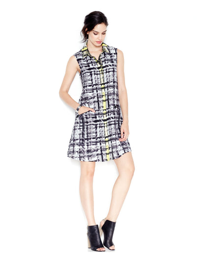 RACHEL ROY Womens Black Pocketed Plaid Sleeveless Collared Above The Knee Shirt Dress M