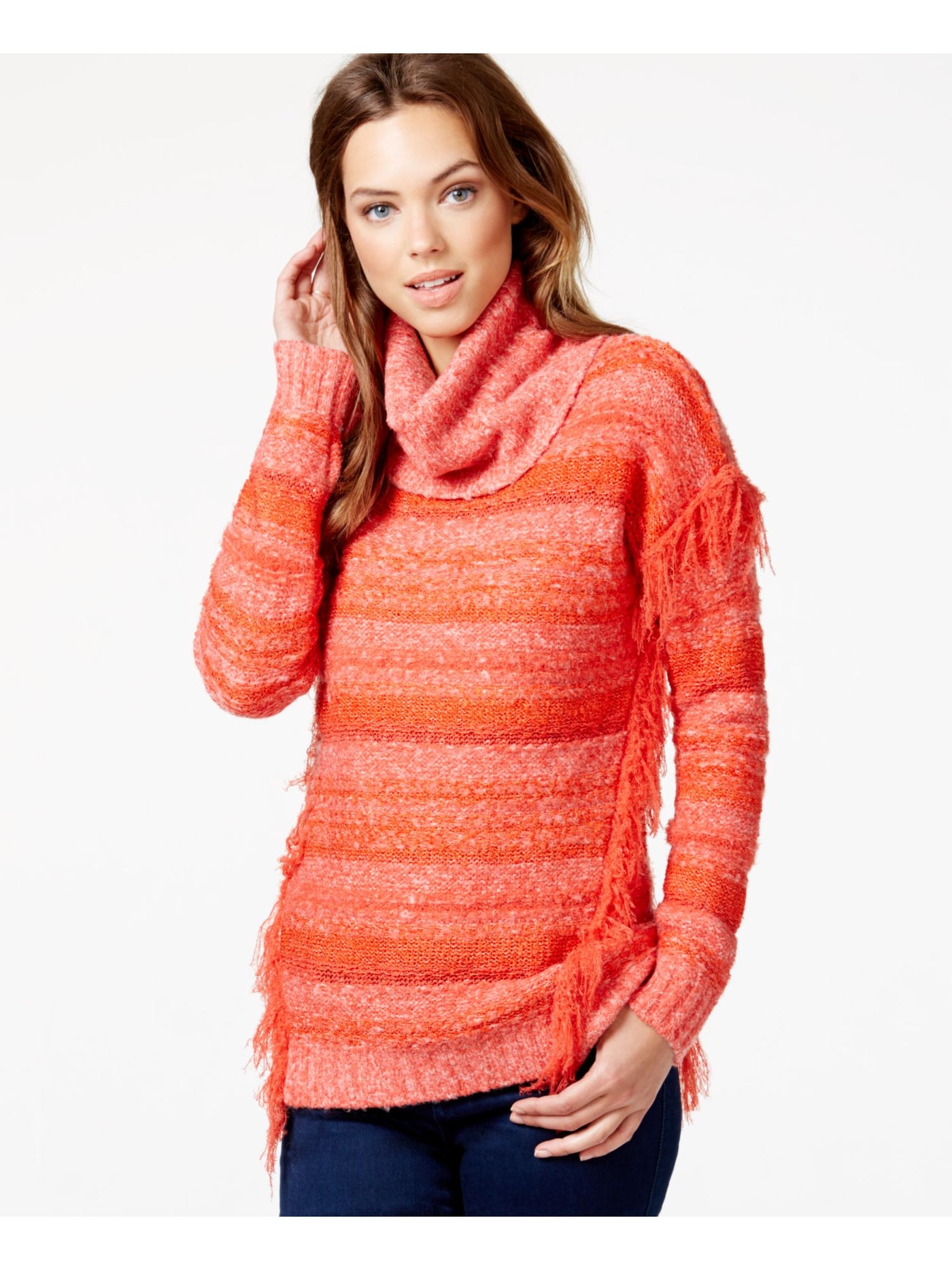 KENSIE Womens Orange Fringed Long Sleeve Cowl Neck Sweater Size: XS
